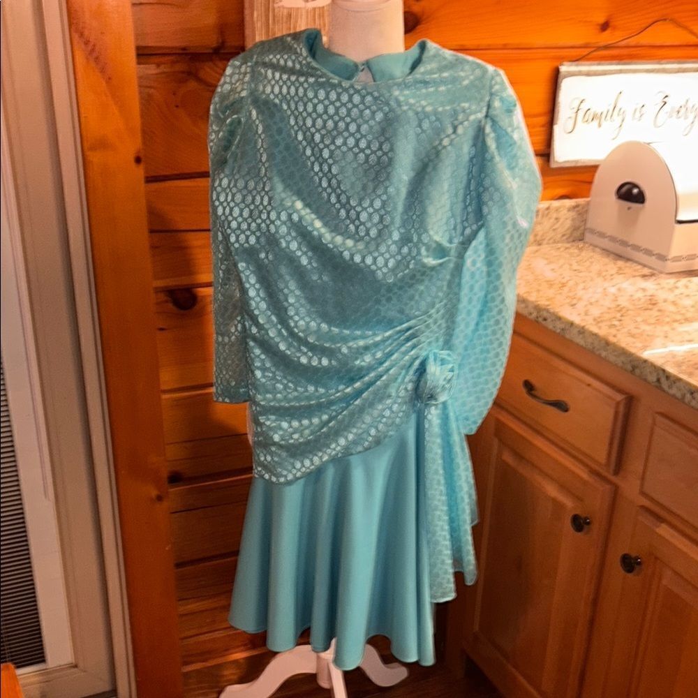 Elegant vintage Aqua Dress with Polka Dot Overlay with fabric rose detail